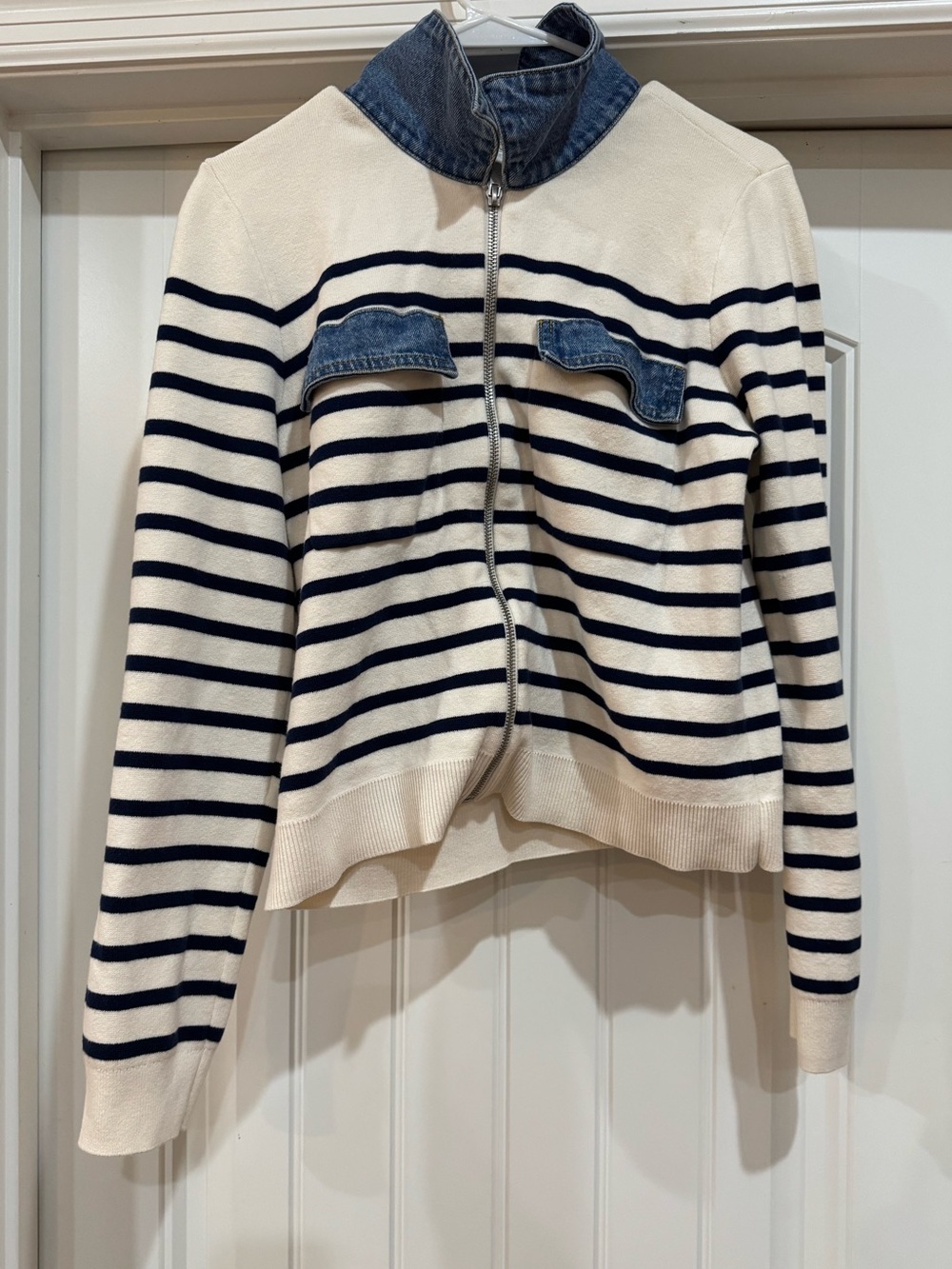 LOFT Cream and Navy Striped Zip-Front Jacket with Denim Trim